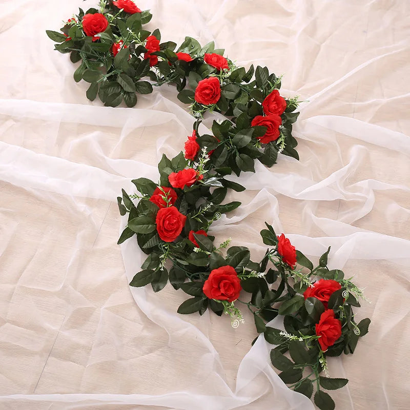 Silk Artificial Rose Vine Hanging Flowers for Wall Christmas Rattan Fake Plants Leaves Garland Romantic Wedding Home Decoration