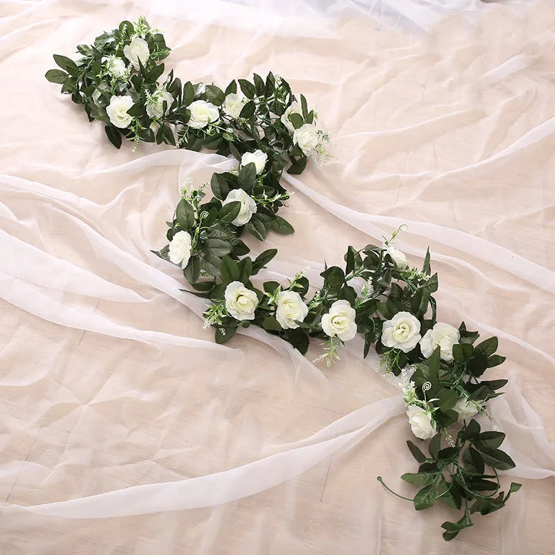 Silk Artificial Rose Vine Hanging Flowers for Wall Christmas Rattan Fake Plants Leaves Garland Romantic Wedding Home Decoration