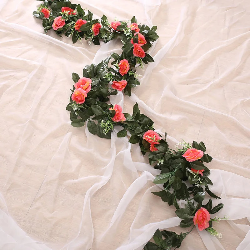 Silk Artificial Rose Vine Hanging Flowers for Wall Christmas Rattan Fake Plants Leaves Garland Romantic Wedding Home Decoration