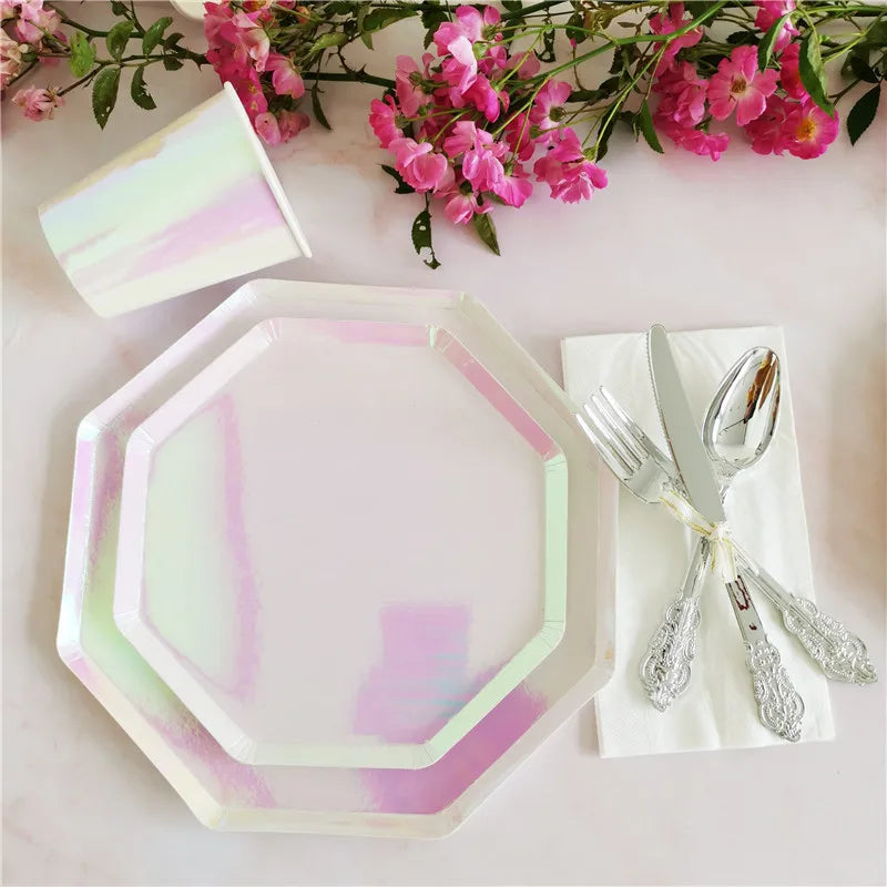 Reflective Rainbow Disposable Tableware Sets Paper Plates Cups