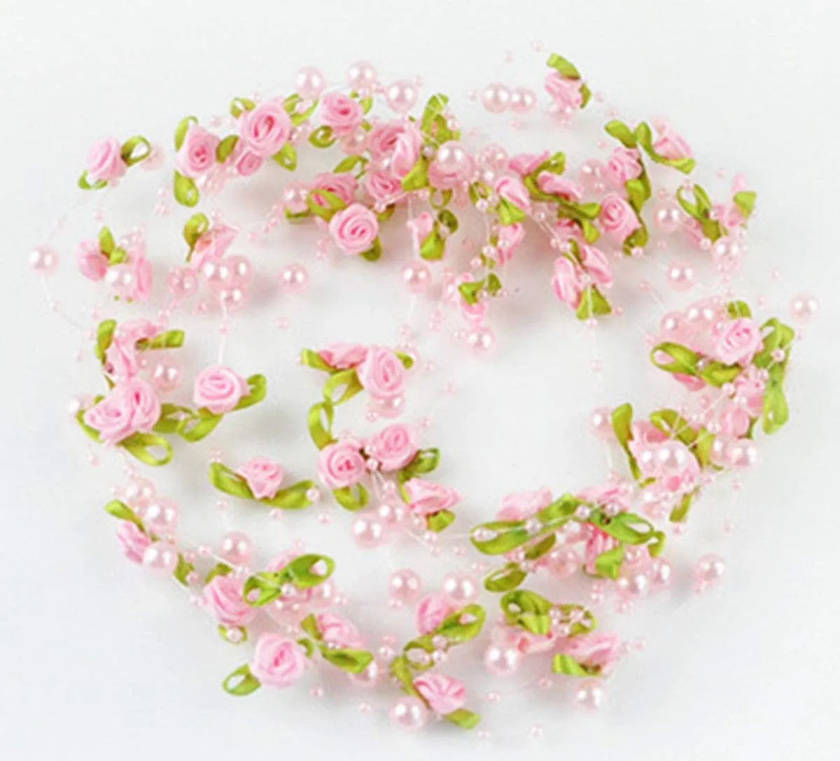 2M Pink Rose Pearl Leaf String Beads Garland Ribbon for Wedding Party Home Crafts Decoration DIY Accessory Gift Wrapping