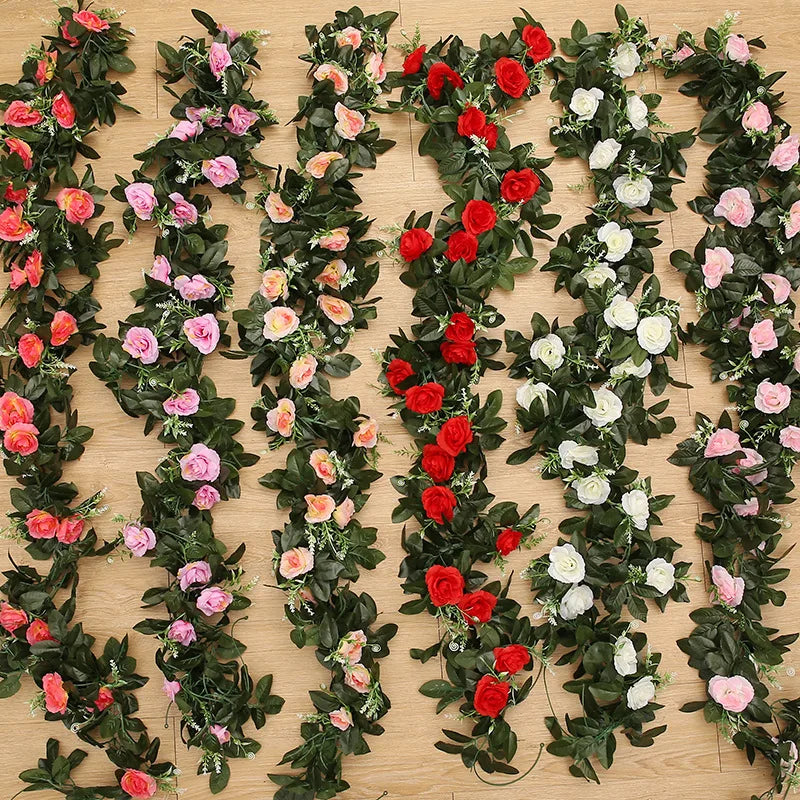 Silk Artificial Rose Vine Hanging Flowers for Wall Christmas Rattan Fake Plants Leaves Garland Romantic Wedding Home Decoration