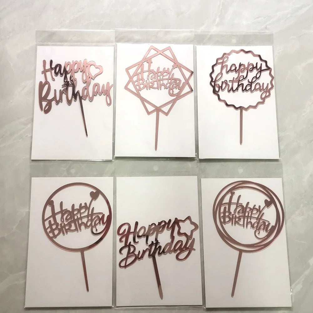 6pcs/Lot Gold Happy Birthday Acrylic Cake Toppers Gold Birhday Cake Topper