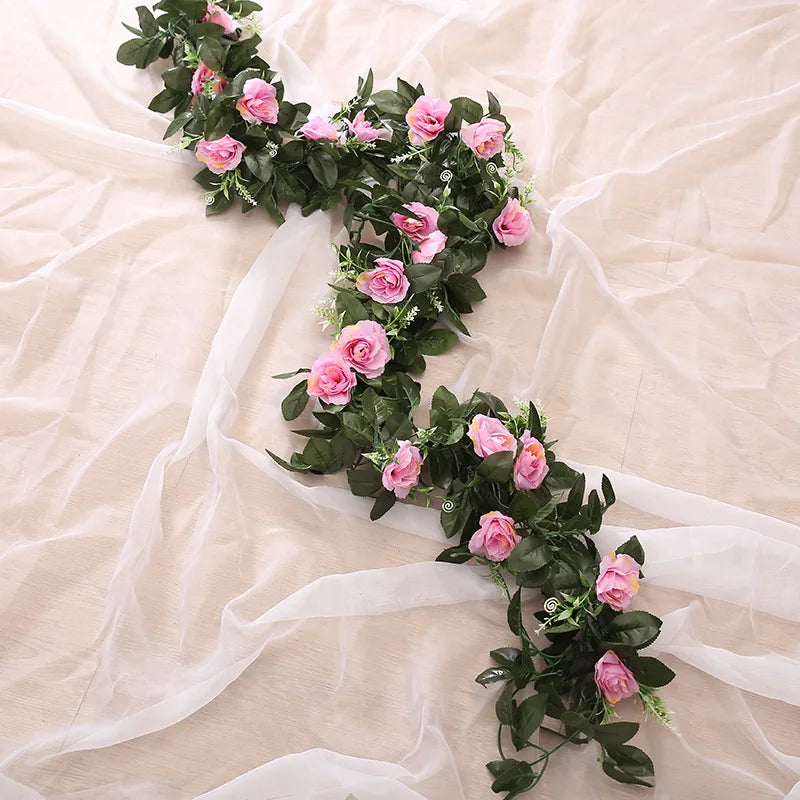 Silk Artificial Rose Vine Hanging Flowers for Wall Christmas Rattan Fake Plants Leaves Garland Romantic Wedding Home Decoration