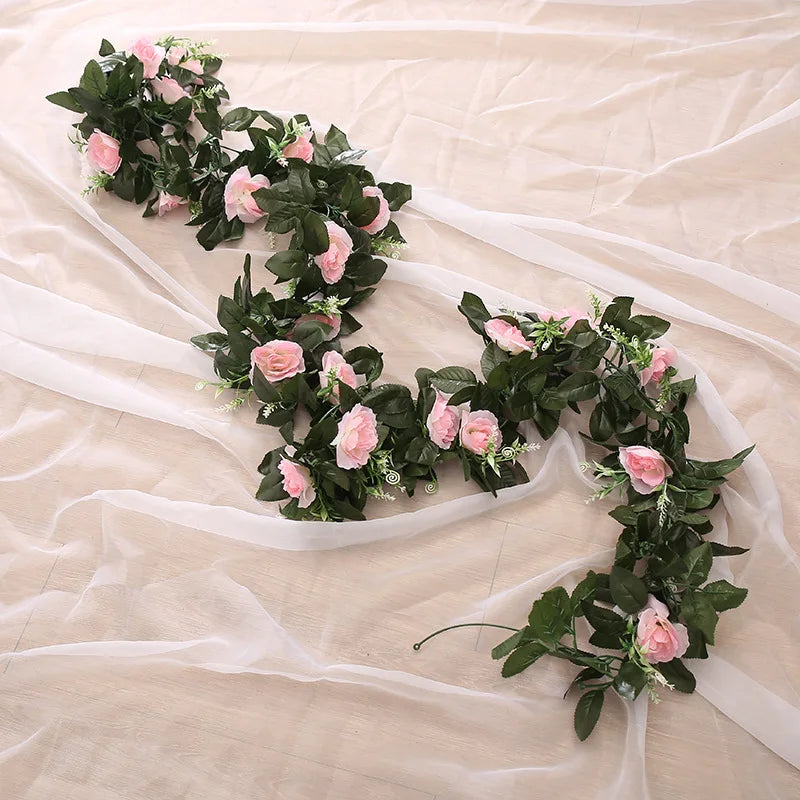 Silk Artificial Rose Vine Hanging Flowers for Wall Christmas Rattan Fake Plants Leaves Garland Romantic Wedding Home Decoration