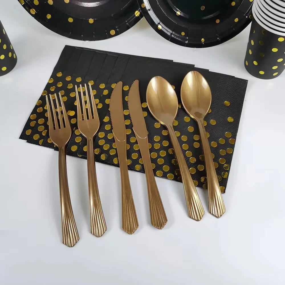 Black Polka Dot Print Disposable Party Cutlery Disposable Tablecloth Plate Cup Happy Birthday Banner Wedding Birthday Decoration