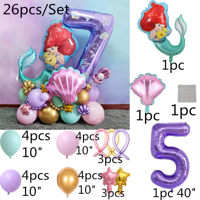 26Pcs/Set Disney Theme Princess Little Mermaid Ariel Foil Balloons