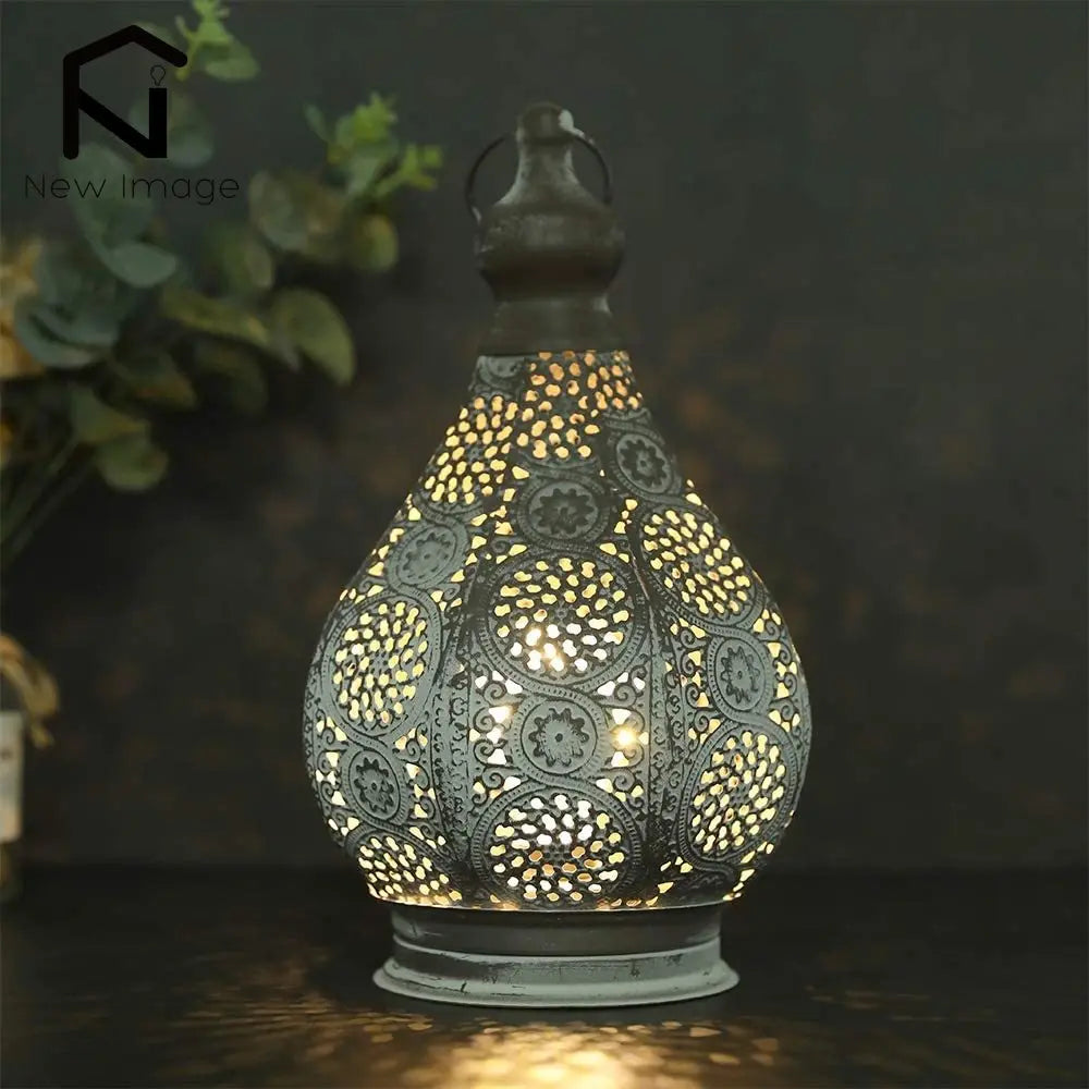 Moroccan Battery Powered Table Lamp Metal Lantern Lamps Candle Holder Wireless Cordless Lanterns for Outdoor Garden Home Decor