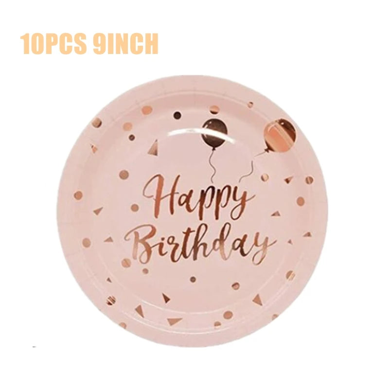 Rose Gold Birthday Party Decorations Disposable Tableware Paper Plates Cup