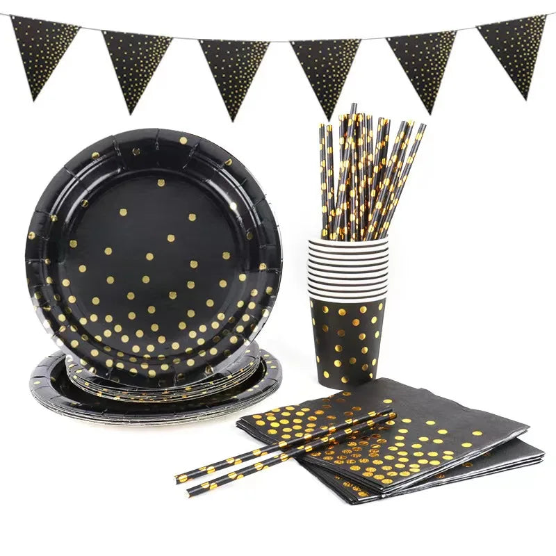 Black Polka Dot Print Disposable Party Cutlery Disposable Tablecloth Plate Cup Happy Birthday Banner Wedding Birthday Decoration