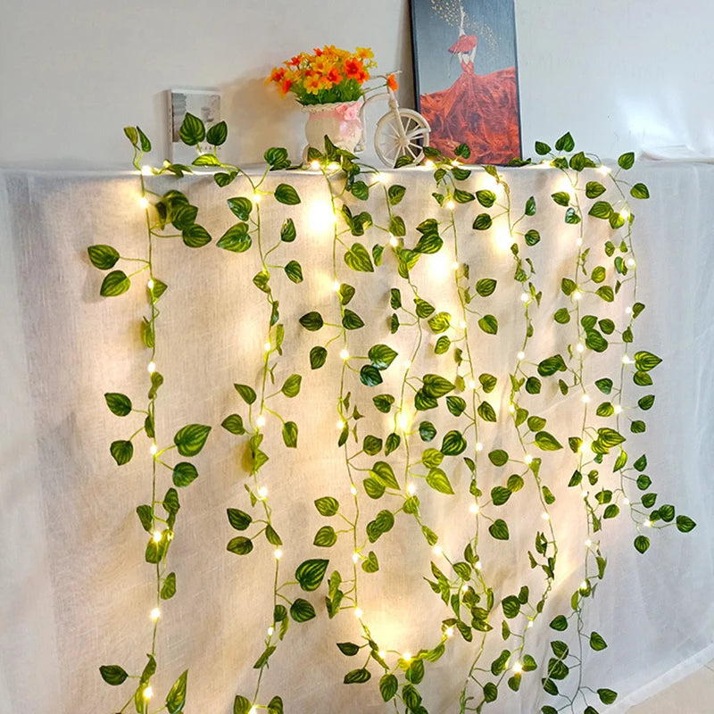 20 Leds Green Leaf Fairy Lights String Artificial Ivy Garland Copper Light Strings for Bouquets Wedding Bedroom Decorations