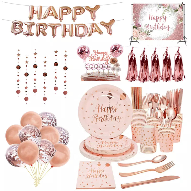 Rose Gold Birthday Party Decorations Disposable Tableware Paper Plates Cup